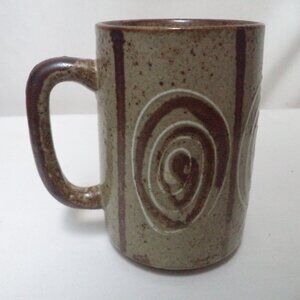 Stoneware large Mug Cup swirls brown blue white Vintage pottery Artisan made